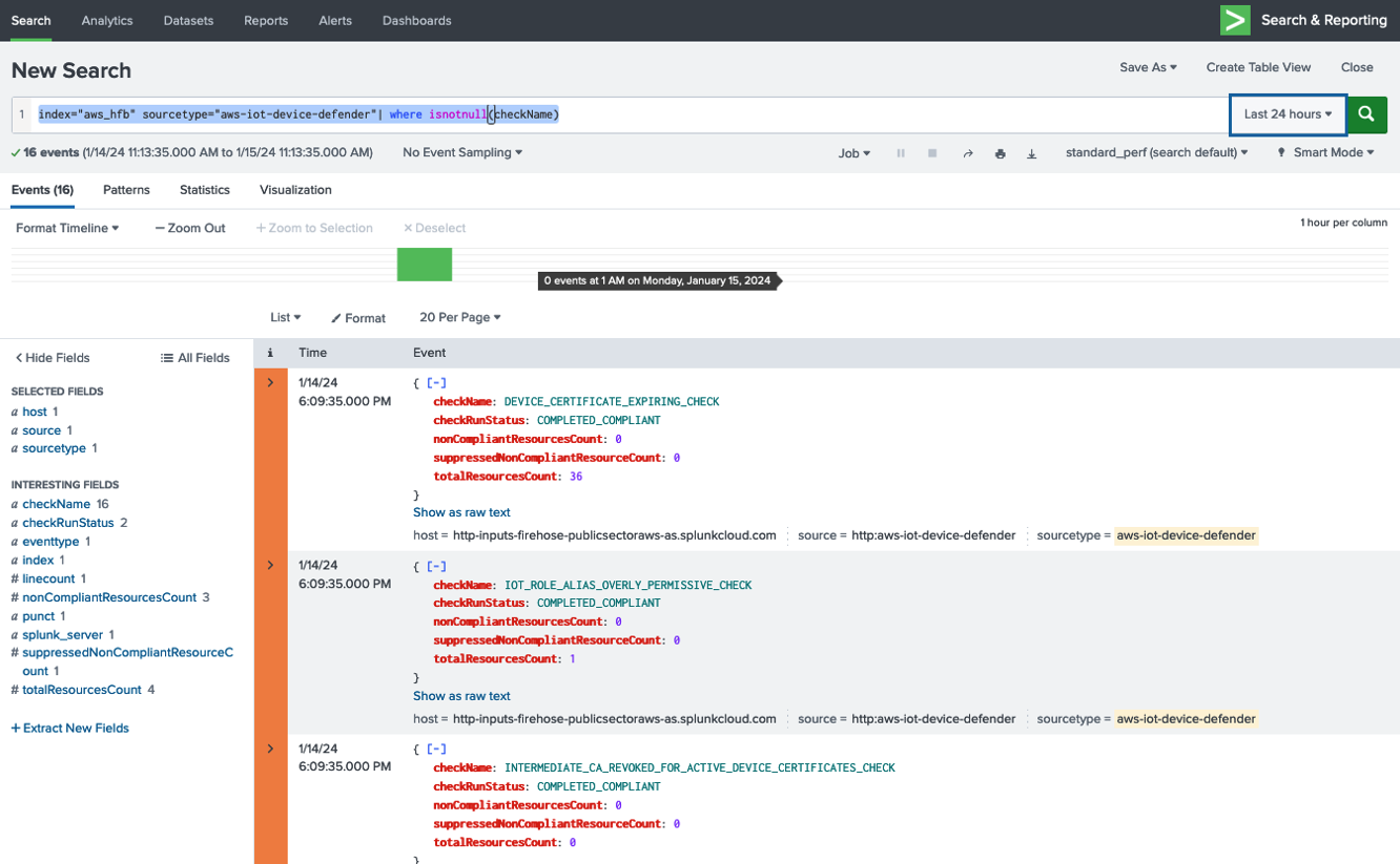 Figure 7: Screenshot of the Splunk Cloud Search and Reporting console. It shows records for recent audit reports.