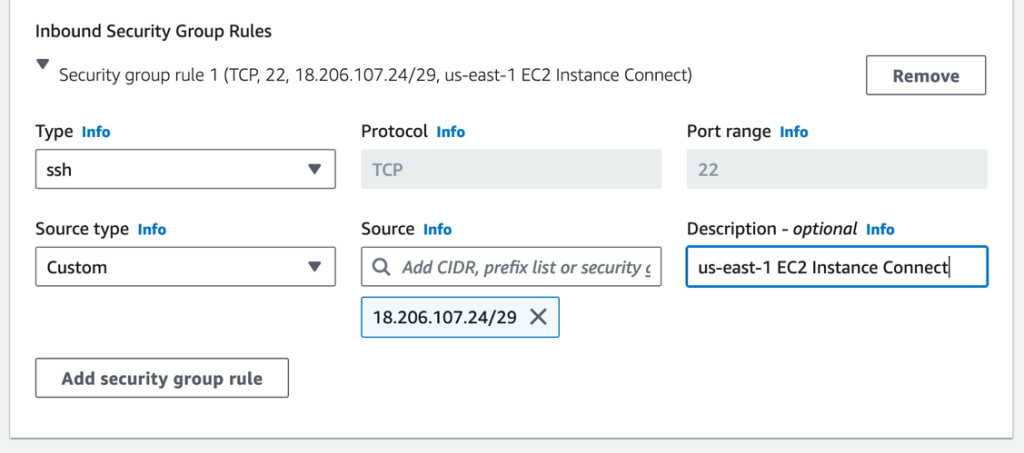 Add the EC2 instance connect IP CIDR to your inbound security group as a custom ssh rule.