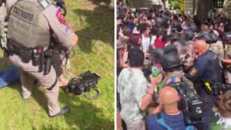 Law enforcement officer standing over a protester on the left and UT Austin protesters on the right | Illustration: Lex Villena; Greg Price