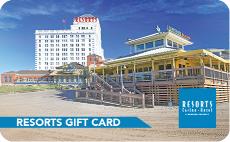 eGift card image of Resorts AC and the beach with the text 