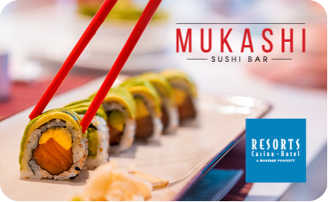 eGift card image of Sushi from Mukashi and the Resorts AC logo