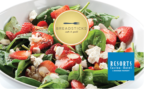 eGift card image of a salad from Breadsticks with the Resorts AC logo