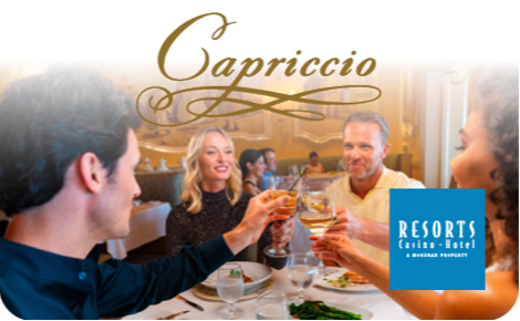 eGift card image of guests enjoying a meal at Capriccio with the Resorts AC logo