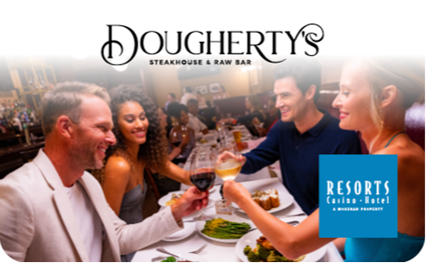 eGift Card image of a group of friends enjoying a meal at Dougherty's with the Resorts AC logo