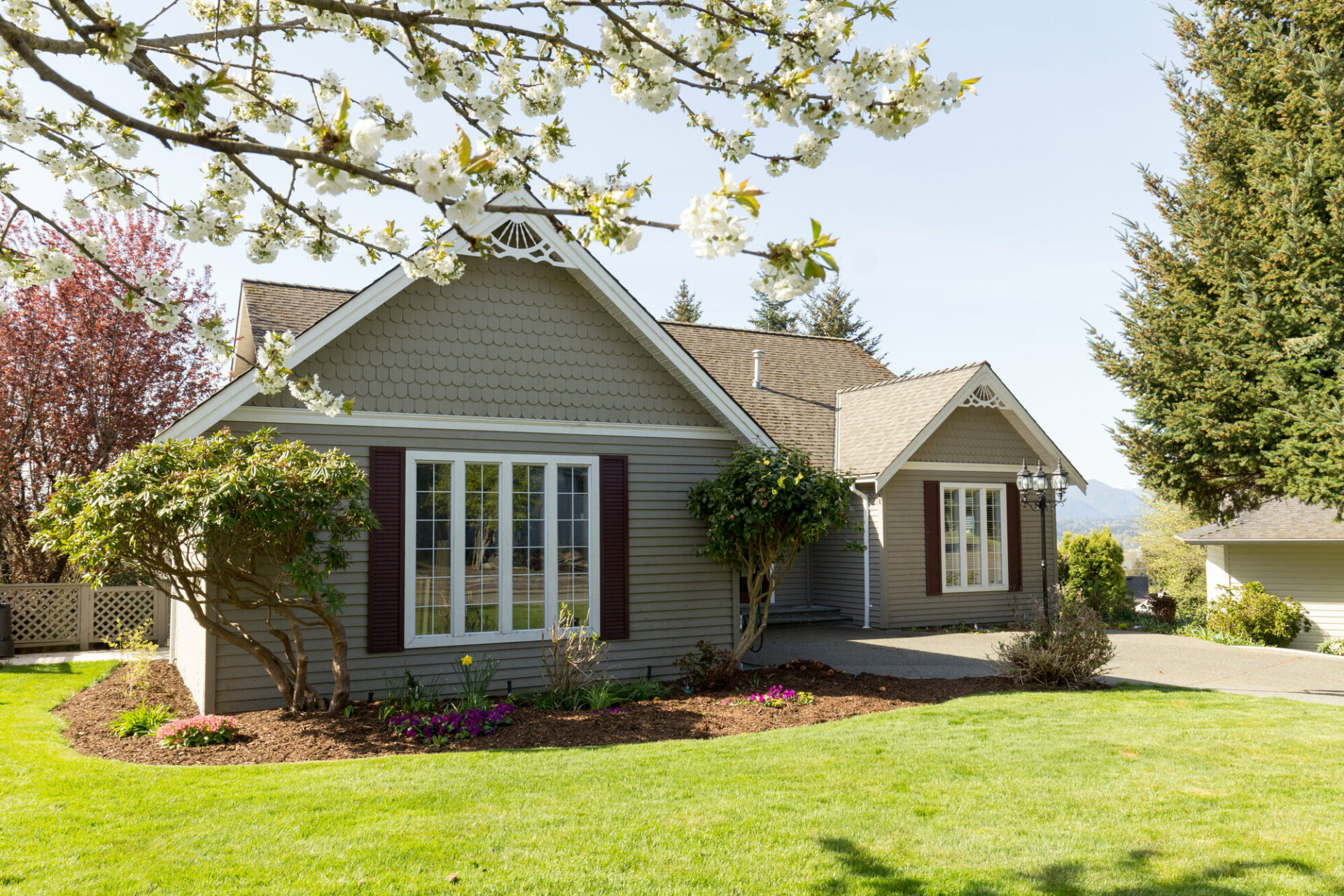 A green bungalow style house with black shutters and green front yard.