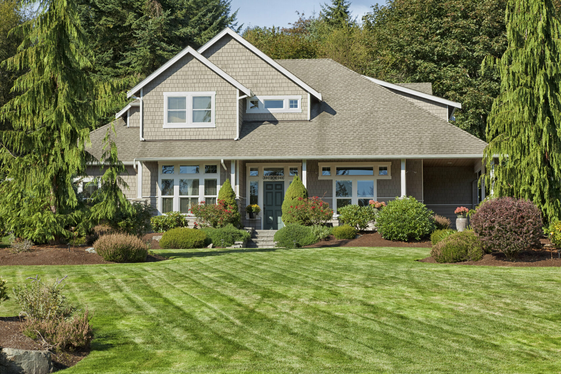 A green house with large green yard with several shrubs.