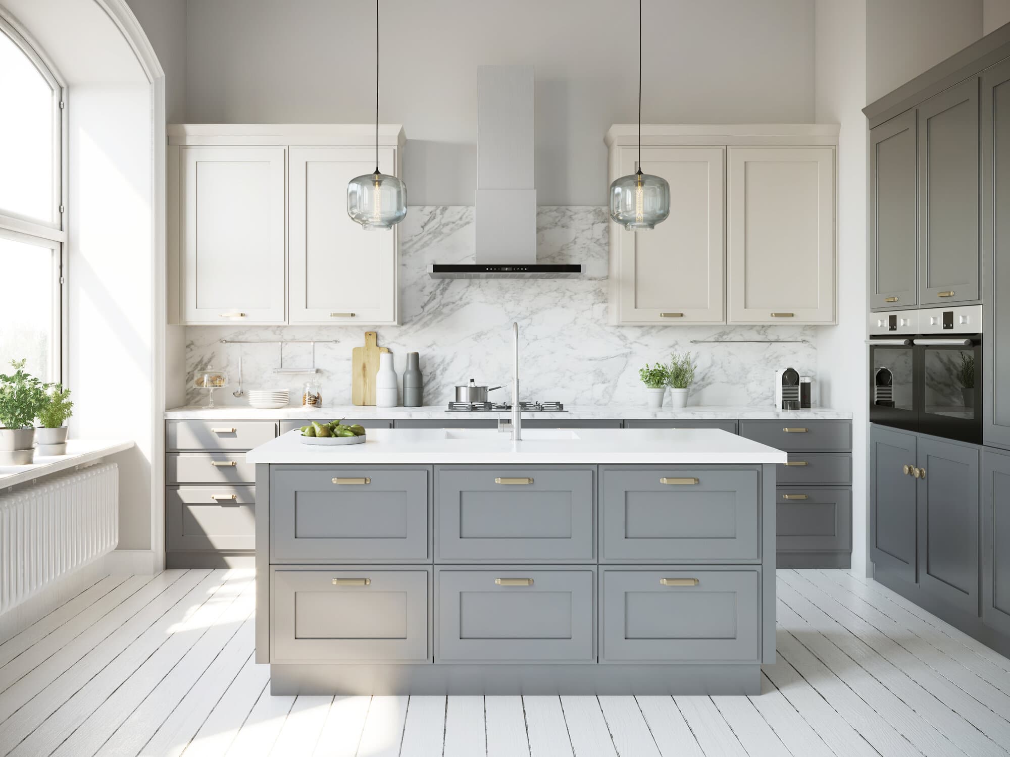 A kitchen with grey cabinets, white countertops, and tile floors.