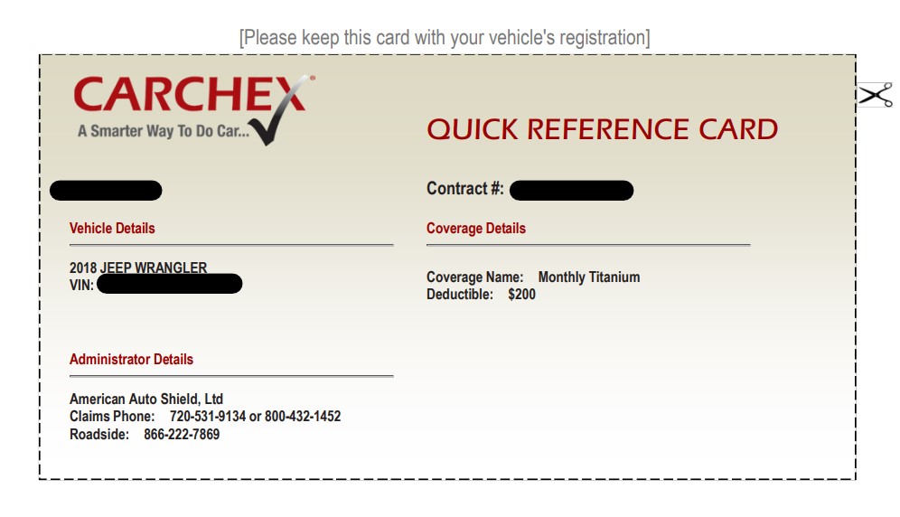 A screenshot of a Carchex Titanium extended warranty plan quick reference card