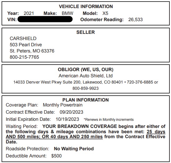 A screenshot of a CarShield Powertrain extended warranty summary table