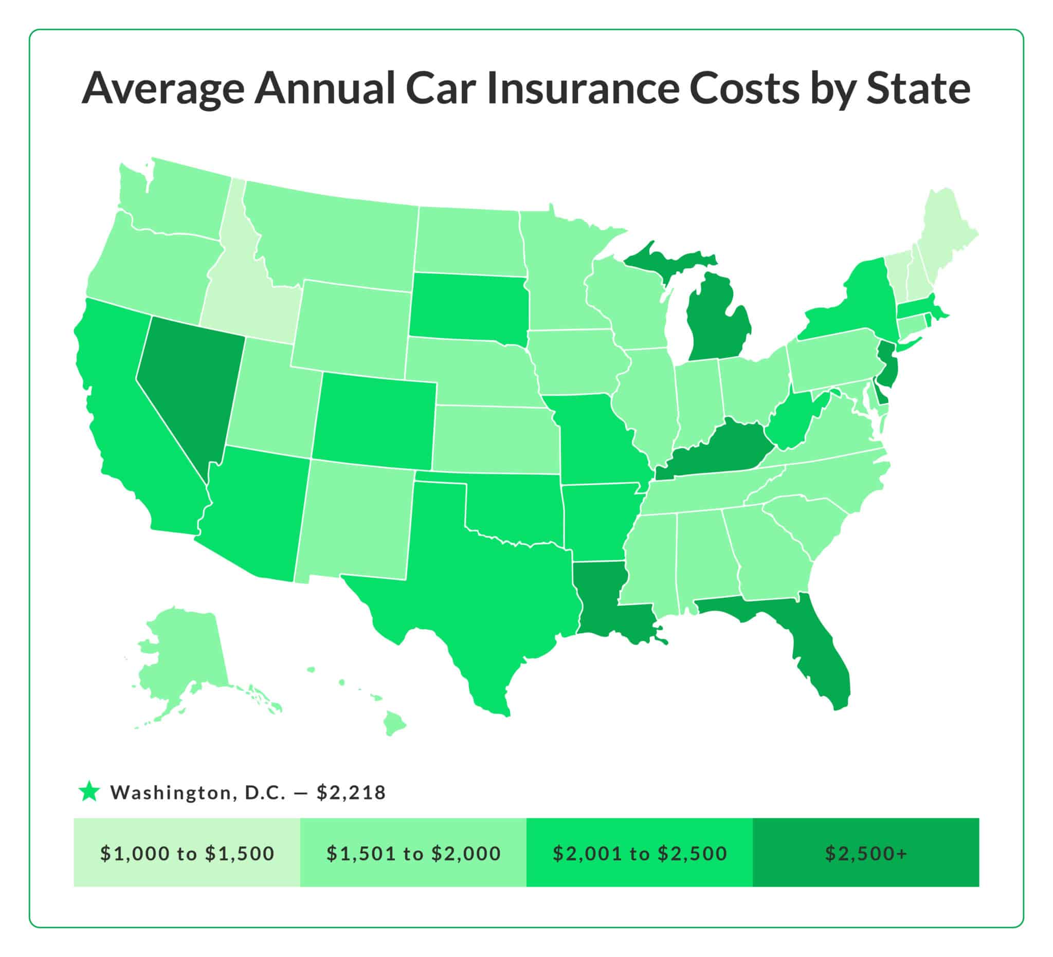 U.S. map showing the average annual cost of full-coverage car insurance in each state