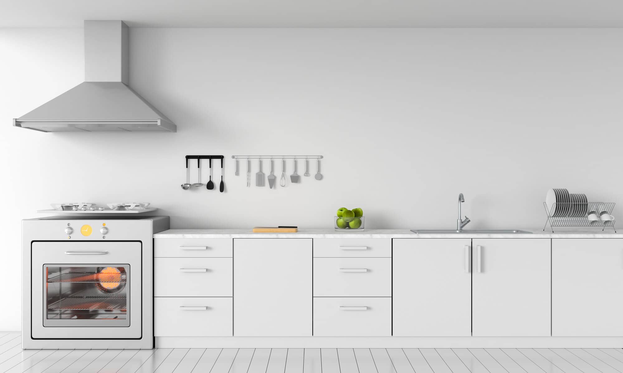Modern white kitchen countertop with gas stove and sink