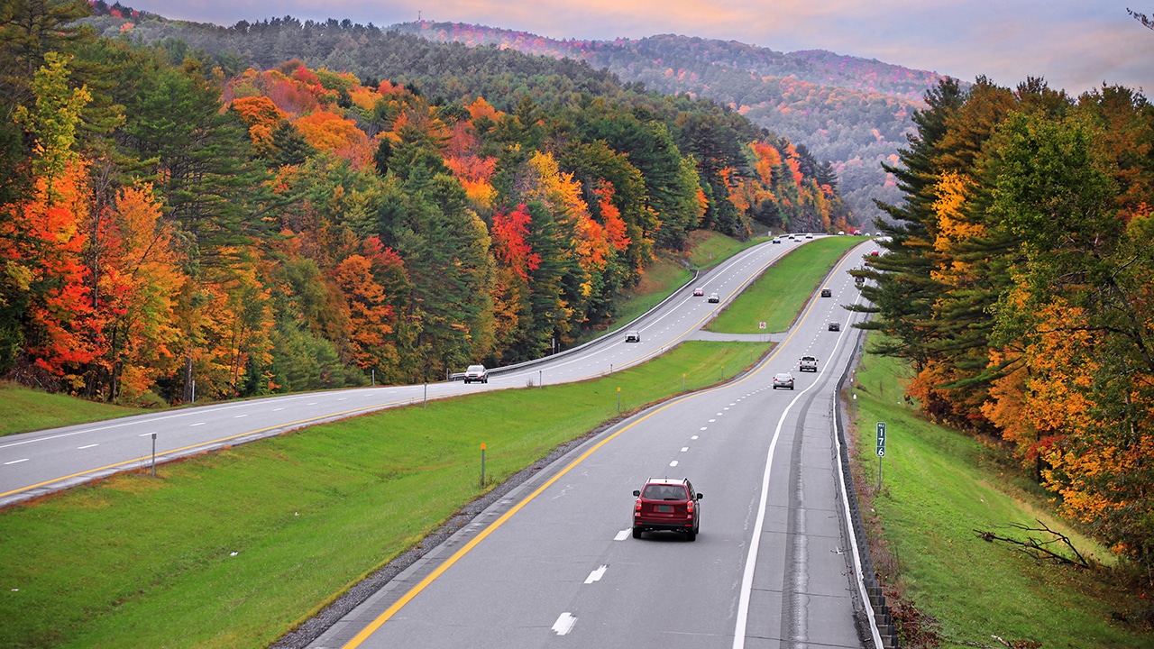 Scenic high way 89 in Vermont during autumn time
