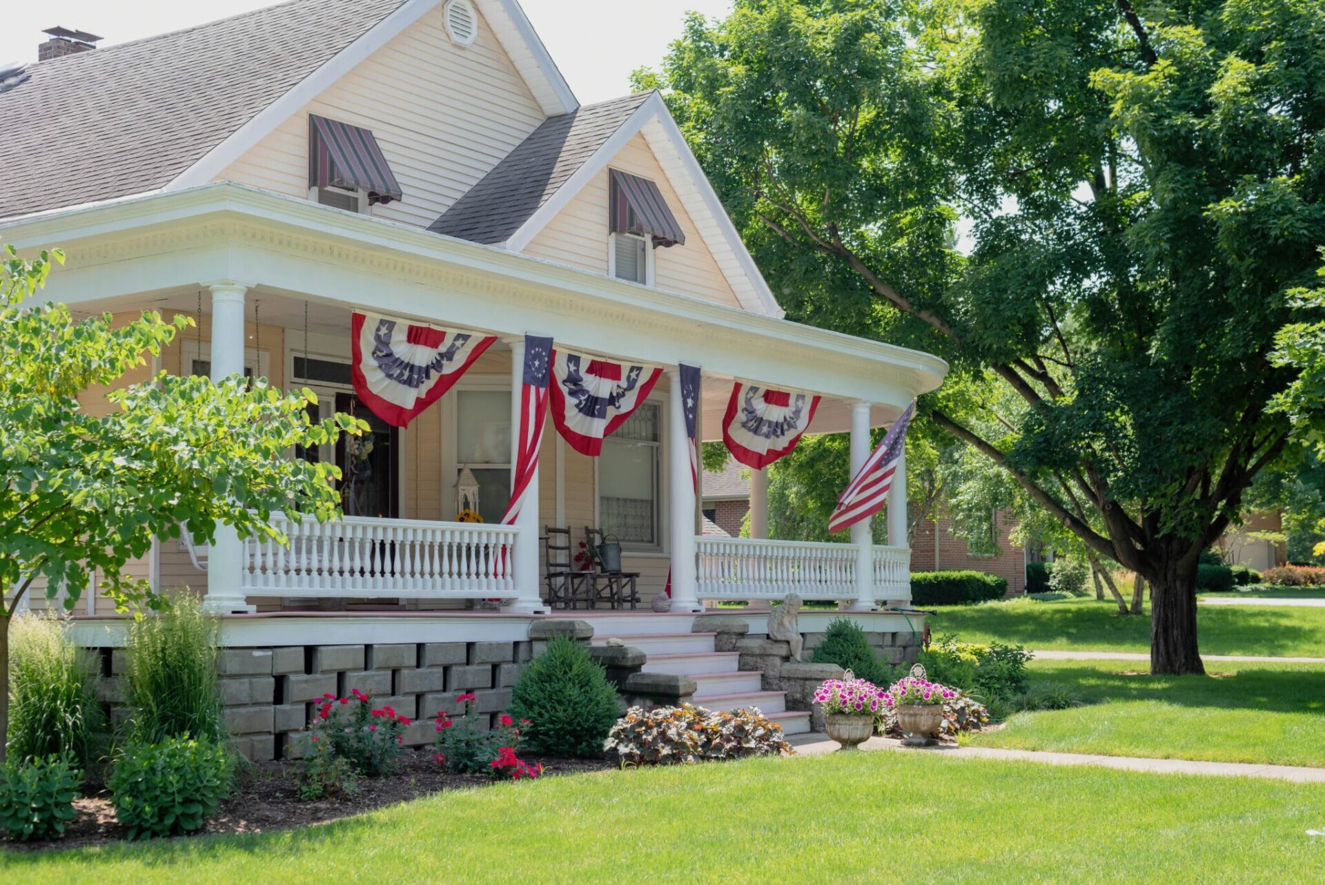 Charming home decorated with American flags.