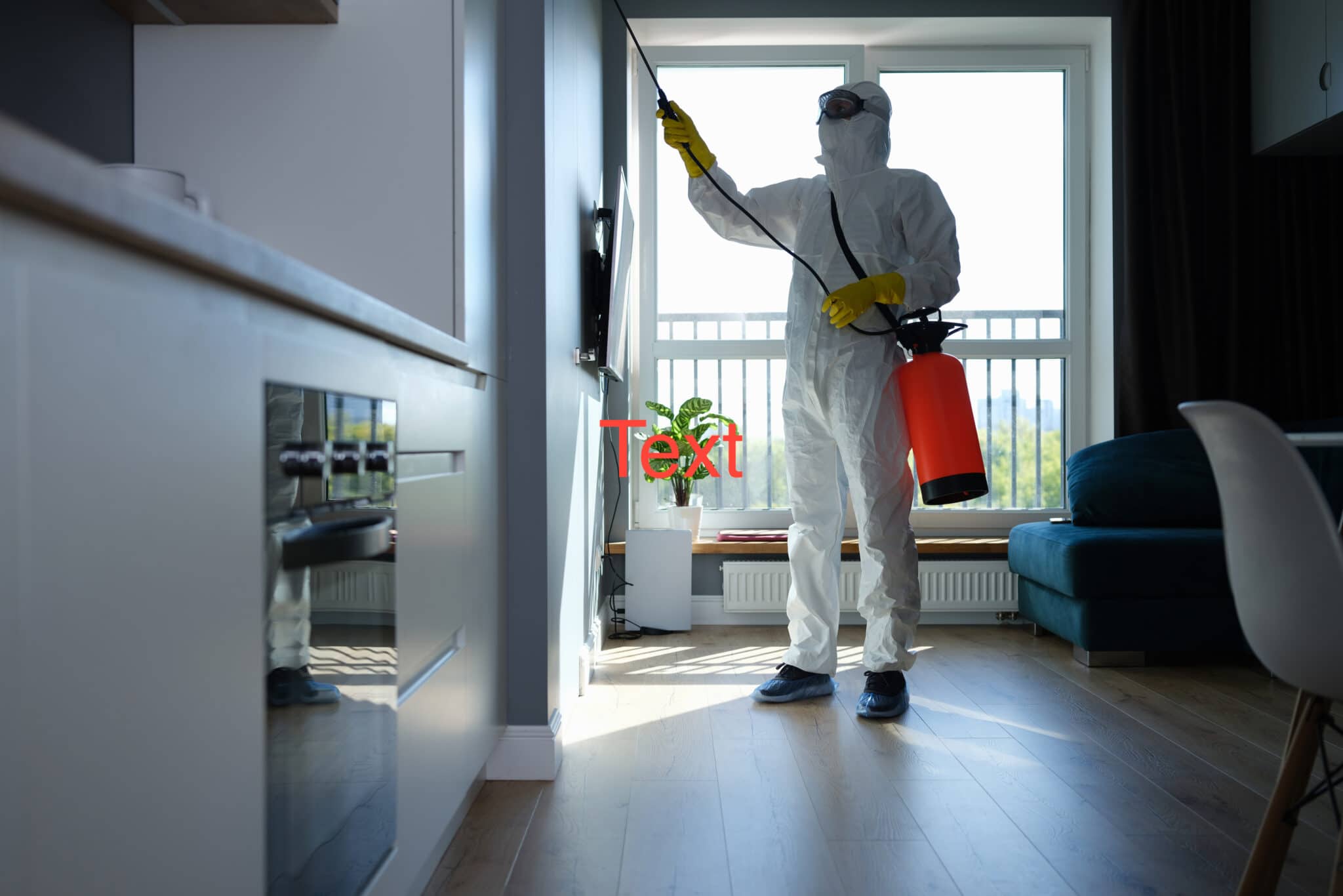 An insect control specialist sprays the walls of an office