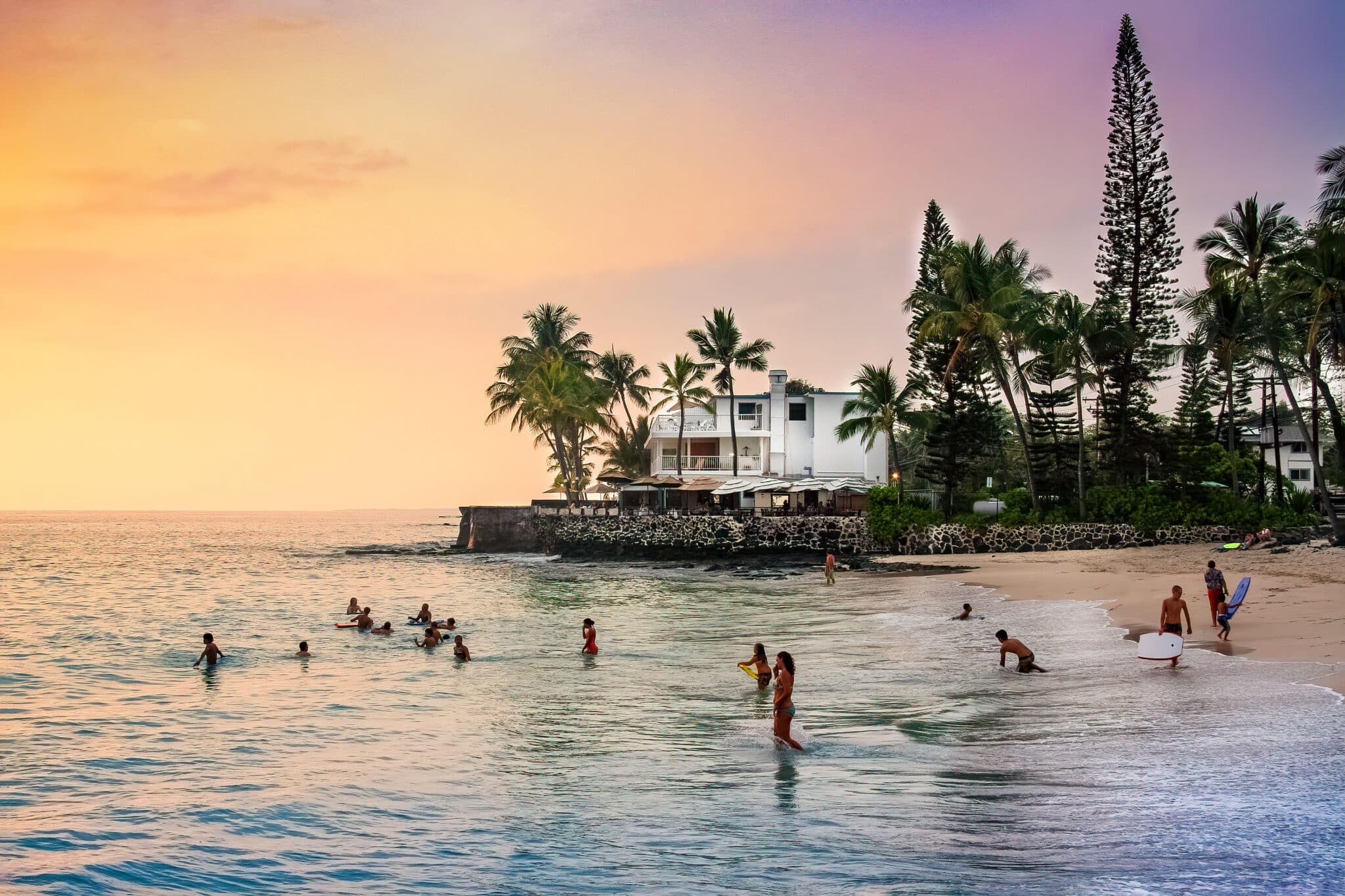 Quiet beach at sunset not far from Kailua-Kona city center (Big Island, Hawaii, USA).