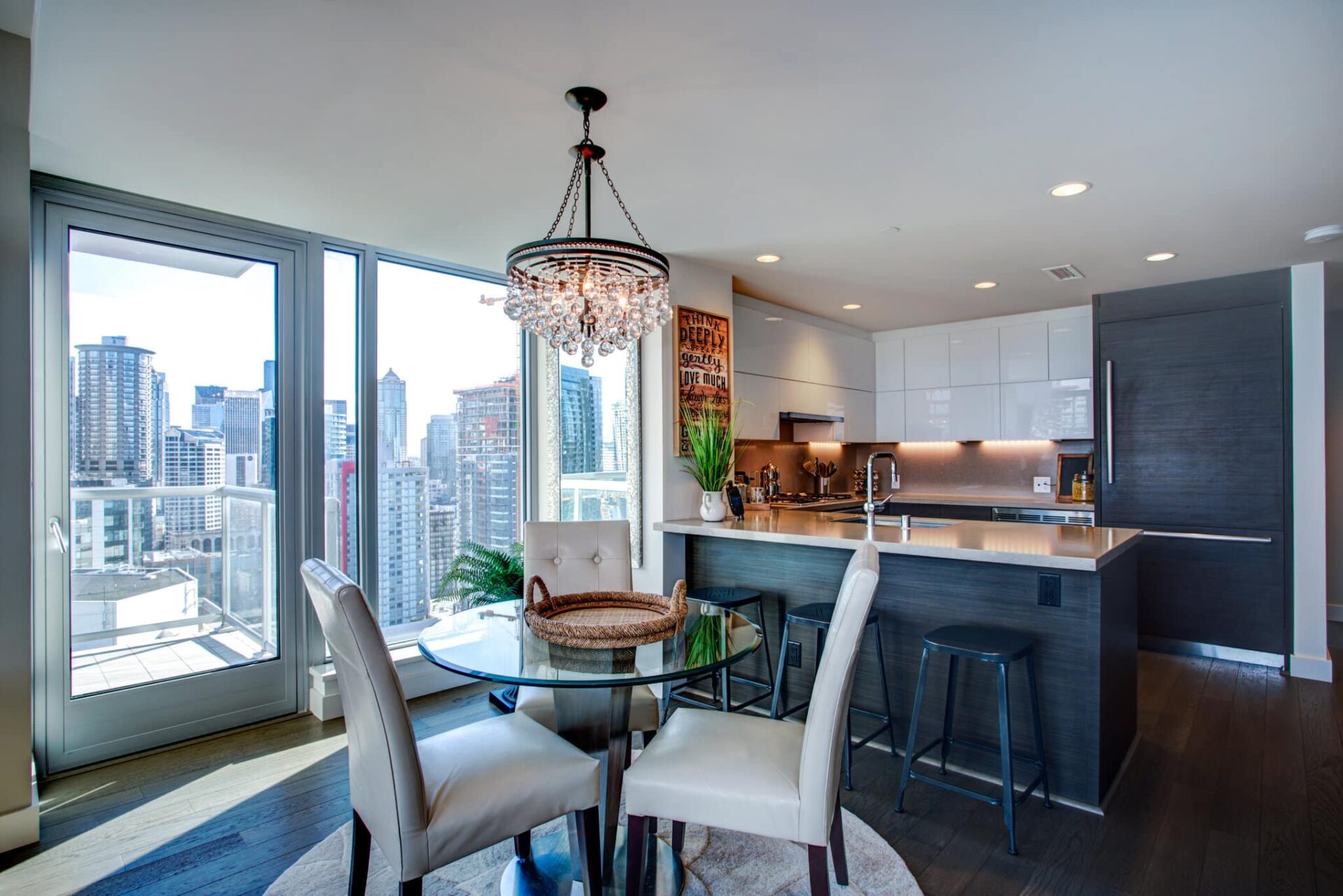 Light filled apartment interior with open floor plan