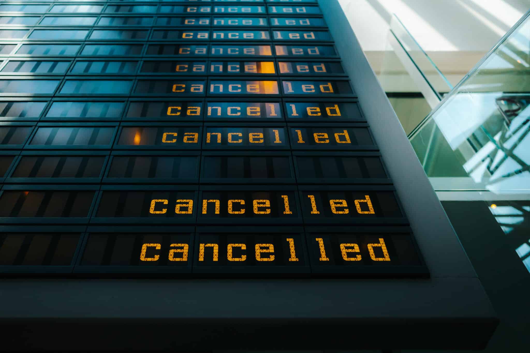 Cancelled flights are shown on display panel at Berlin-Tegel Air