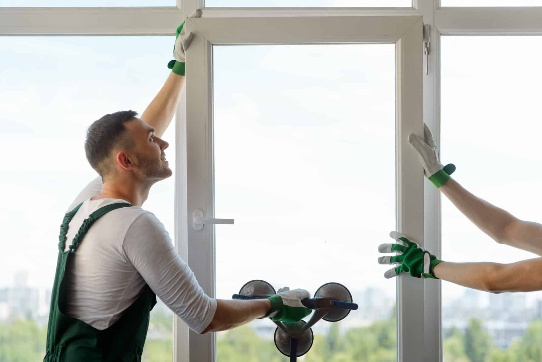 Photo of two workers installing a plastic window. Man holding a glass pane with a vacuum lifter.