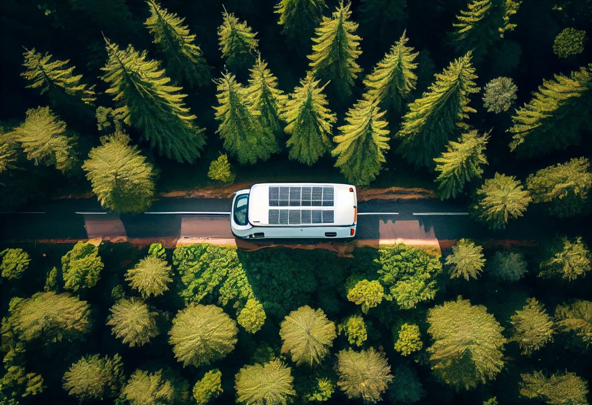 White camper van with solar panels drive through green forest. A