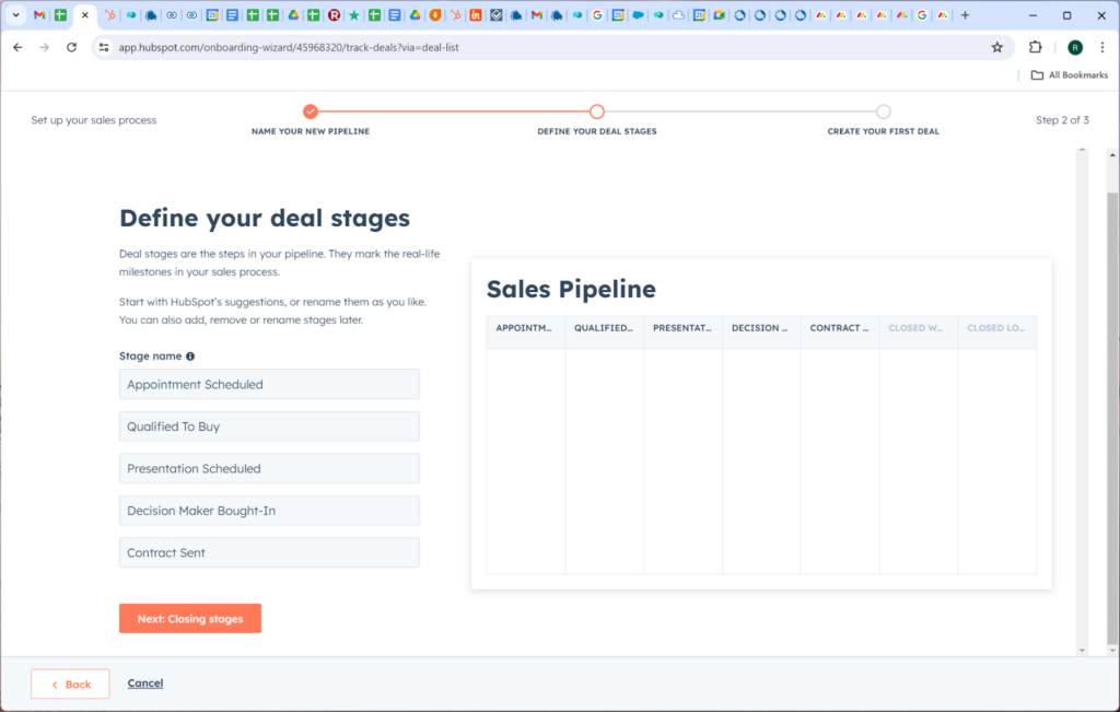 View of the setup flow for the HubSpot deal pipeline
