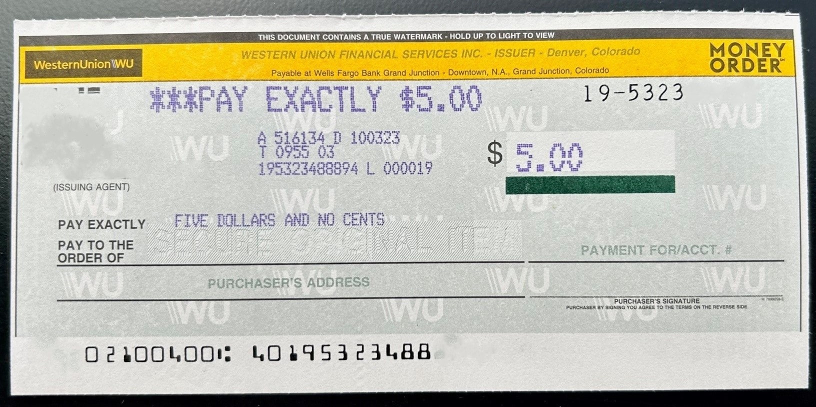 A photo of a money order from Western Union