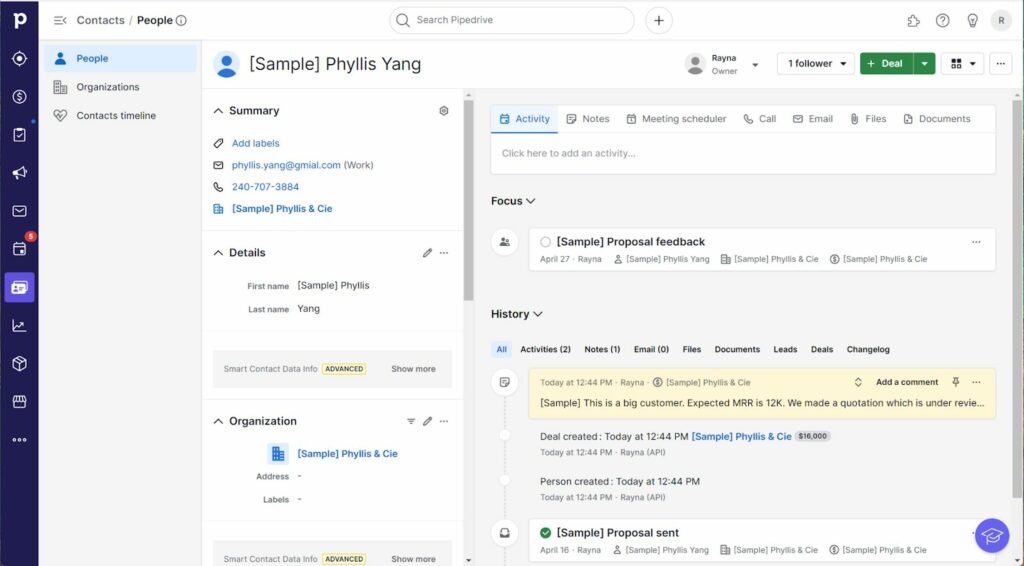 View of a Pipedrive customer activity timeline
