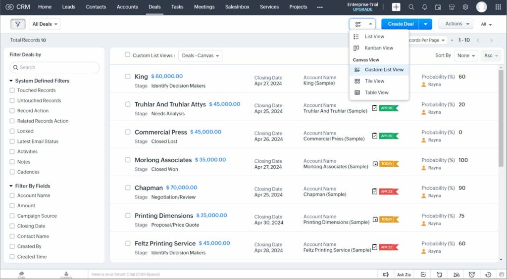 Custom views of the Zoho CRM deal tracking dashboard