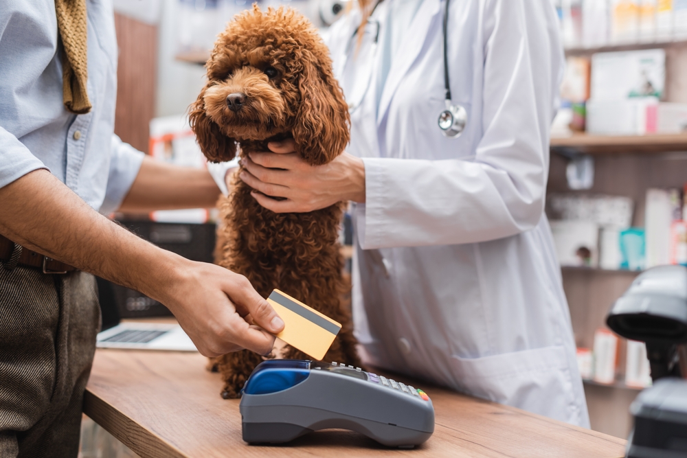 A pet owner paying a veterinarian for services for his pet poodle