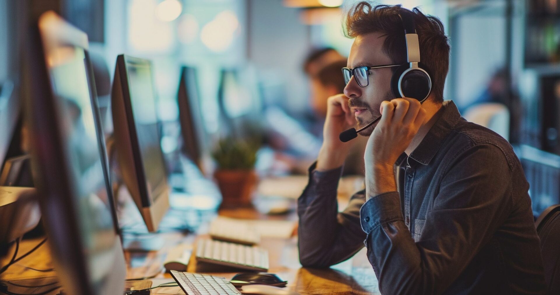 A man is talking over headphones in an office