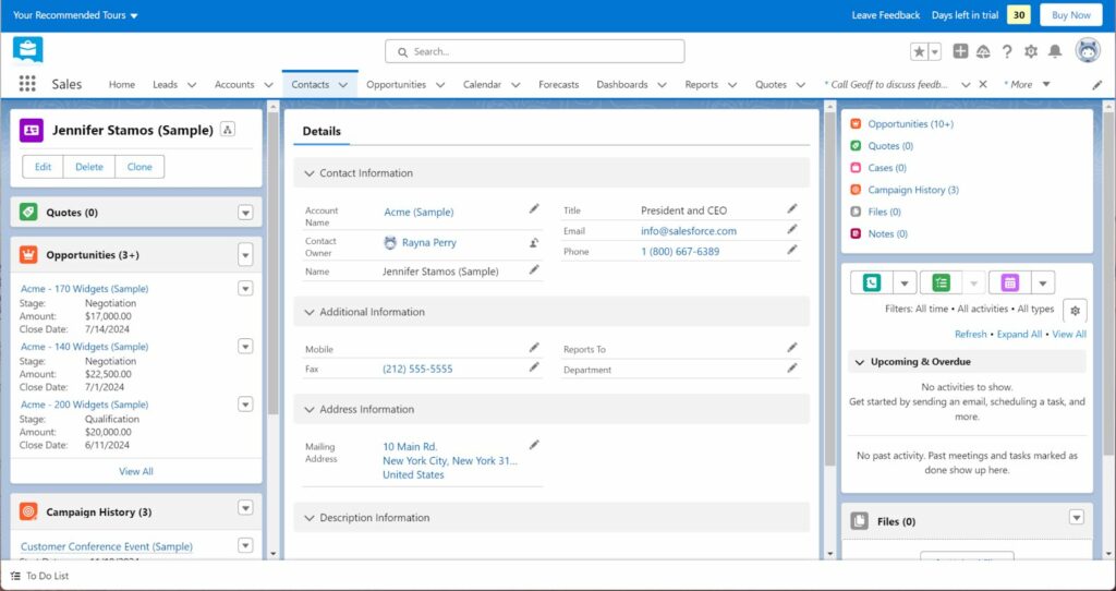 View of a Salesforce contact profile