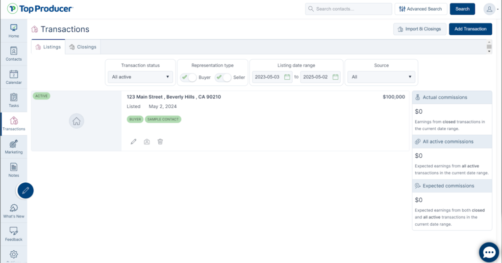 View of the Top Producer transactions dashboard