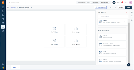 View of the Freshsales report builder with drag-and-drop widgets