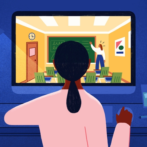 A woman joins a classroom remotely