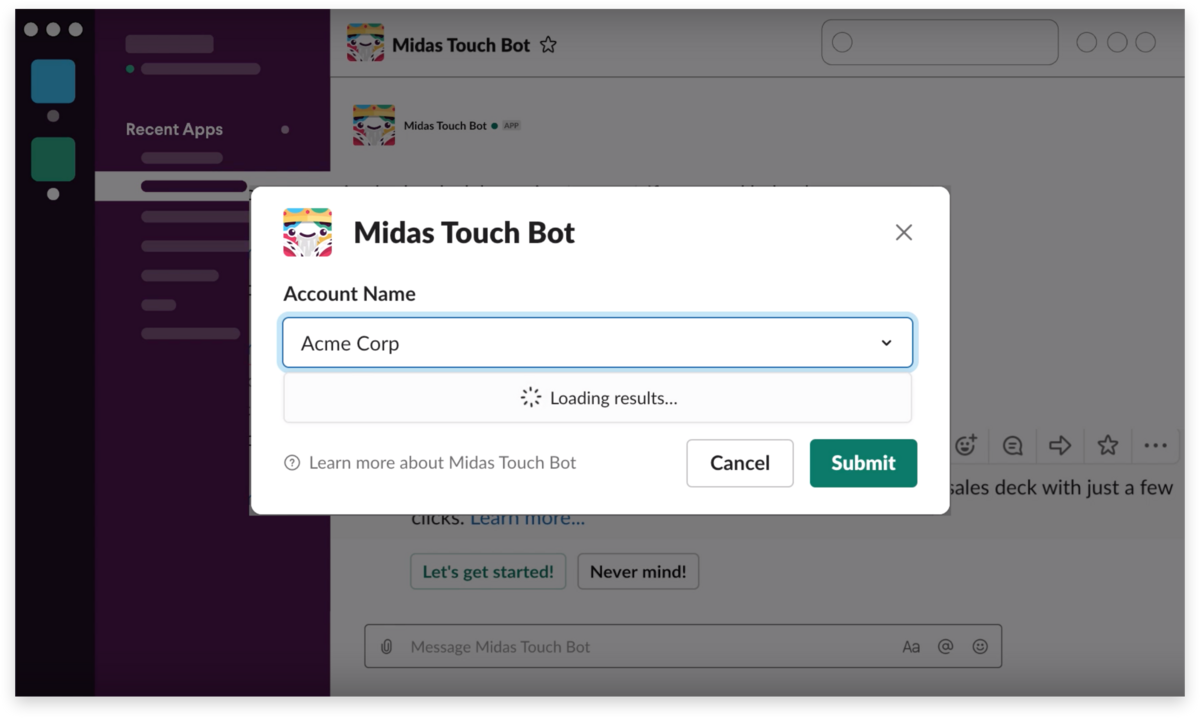 The user flow for Midas Touch, a custom app built by Slack