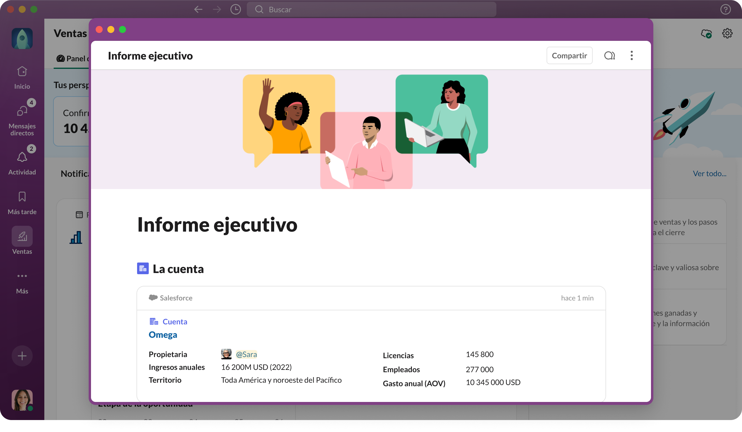 Captura de pantalla que muestra las plantillas de ventas de Slack Sales Elevate