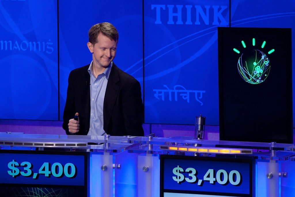 Contestant Ken Jennings competes against 'Watson' at a press conference for the Man V. Machine "Jeopardy!" competition. Photo: Ben Hider/Getty Images