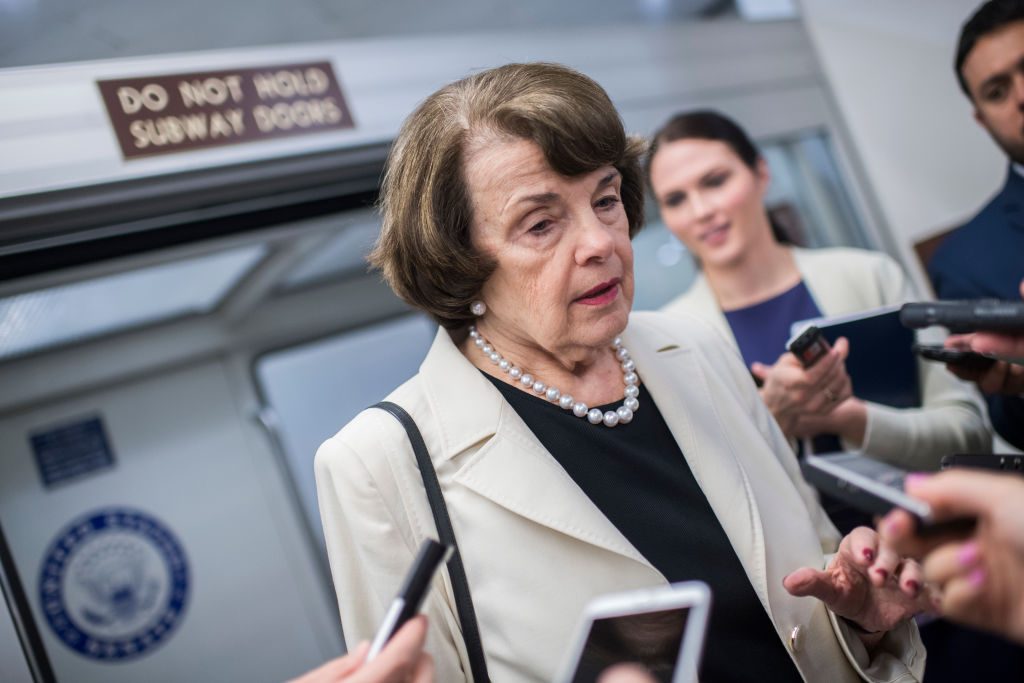 UNITED STATES - MAY 10: Sen. Dianne Feinstein, D-Calif., is interviewed in the senate subway of the Capitol after a meetin...