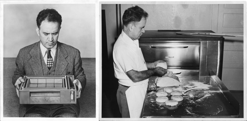 Frank Mastro poses with his invention, the gas-fired pizza oven (left). He stands in front of a later model in 1934 (right). Photo courtesy of Vincent Mastro