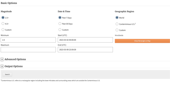 screenshot of earthquake search interface