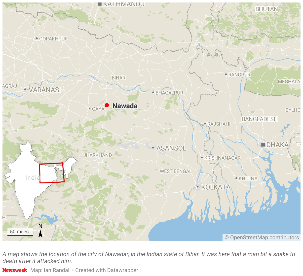 A map shows the location of the city of Nawadar, in the Indian state of Bihar.