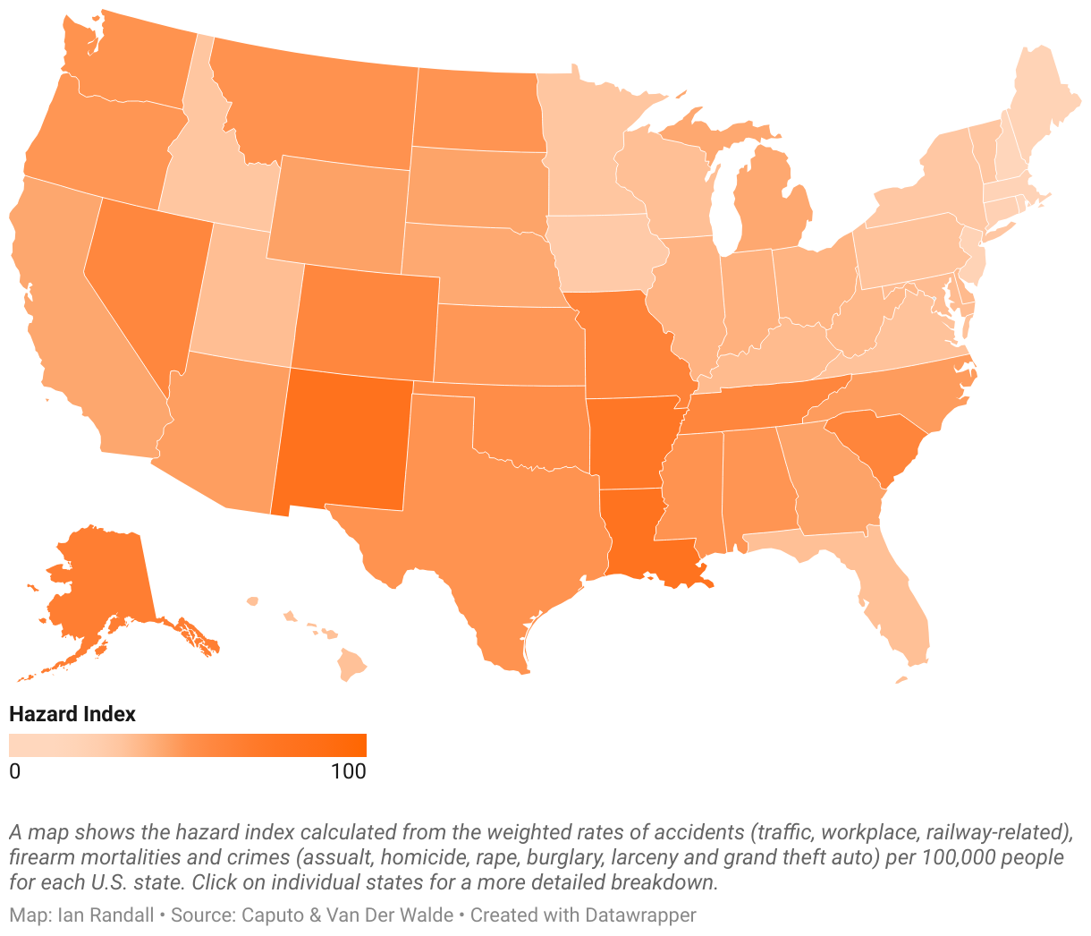A map shows the hazard index calculated from the weighted rates of accidents (traffic, workplace, railway-related), firearm mortalities and crimes (assualt, homicide, rape, burglary, larceny and grand theft auto) per 100,000 people for each U.S. state.