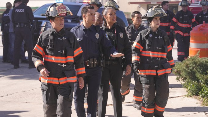 9-1-1 Lone Star: L-R: Rob Lowe, Rafael Silva, Brian Michael Smith, Gina Torres, Julian Works and Natacha Karam