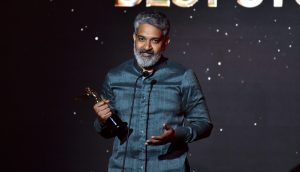 S. S. Rajamouli accepts the Best Stunts award for 'RRR' onstage during the Hollywood Critics Association's 2023 HCA Film Awards