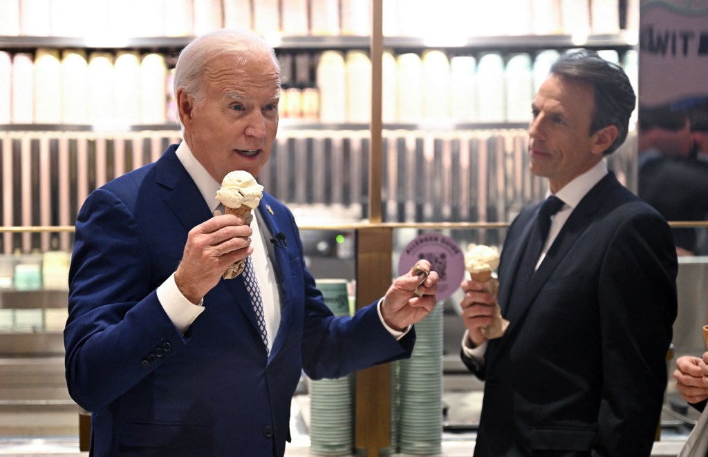Joe Biden with Seth Meyers after the president's appearance on "Late Night."