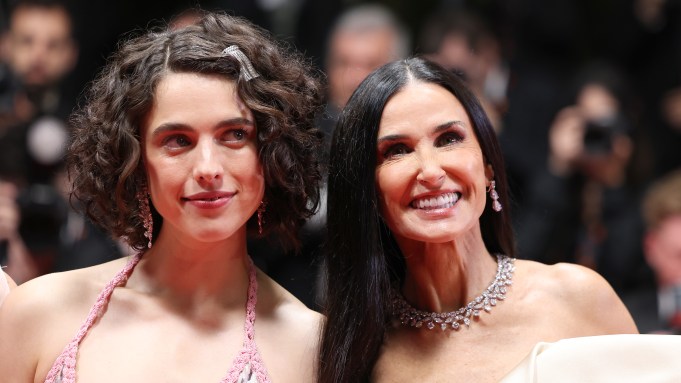 Margaret Qualley and Demi Moore at The Substance red carpet at the 77th annual Cannes Film Festival on May 19