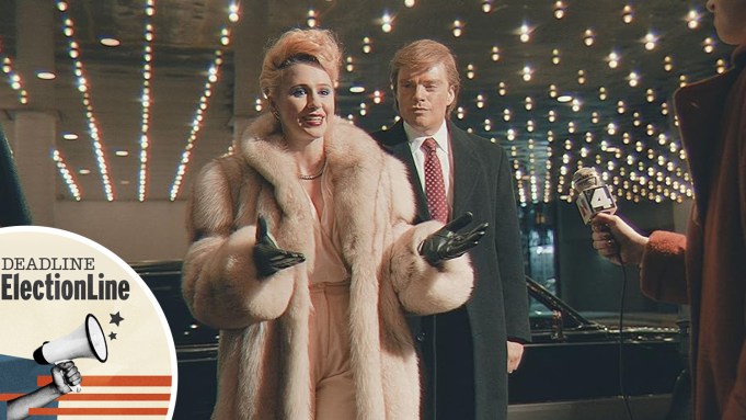 Sebasttian Stan as Donald Trump and Maria Bakalova as Ivana in The Apprentice movie