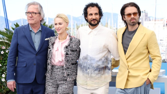 Martin Donovan, Maria Bakalova, Ali Abbasi and Sebastian Stan at The Apprentice photocall on May 21 at the Cannes Film Festival