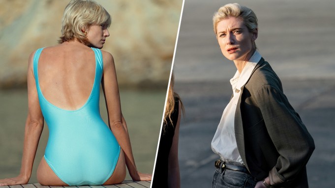 L: Elizabeth Debicki wears a blue swimsuit and sits on a dock while portraying Princess Diana on Netflix's 'The Crown'. R: Elizabeth Debicki sports a suit as she stars as Elizabeth Bender in Ti West's 'MaXXXine'.