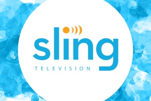 Sling Television logo (blue letters with orange accents) on a white circle The Background is a textured blue and white watercolor effect