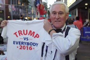 Roger Stone holding a Trump t-shirt